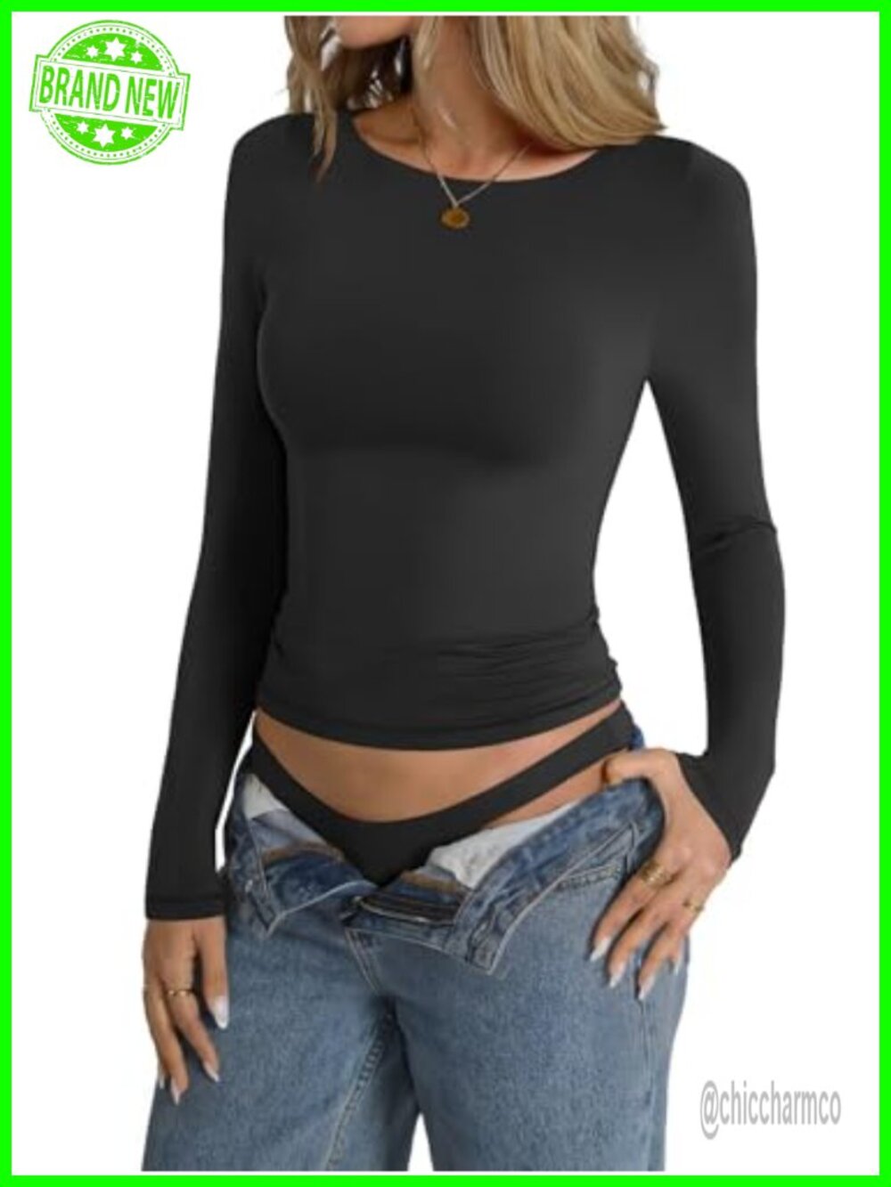 Double Lined Long Sleeve Boat Neck Tops Slim Fitted Tees Going Out Tops - Picture 2 of 7